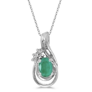 Oval Emerald and Diamond Teardrop Pendant Necklace 14k White Gold - All