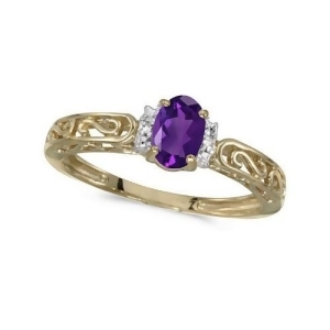 Oval Amethyst and Diamond Filigree Antique Style Ring 14k Yellow Gold - All