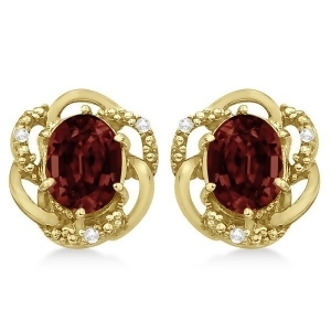Oval Shaped Red Garnet and Diamond Earrings in 14K Yellow Gold 3.05ct - All