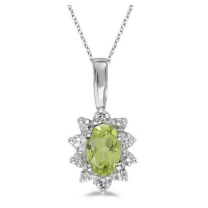 Oval Peridot and Diamond Flower Shaped Pendant Necklace 14k White Gold - All