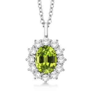 Oval Peridot and Diamond Pendant Necklace 14k white Gold 3.60ctw - All