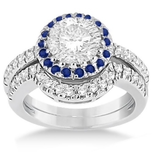 Halo Blue Sapphire and Diamond Bridal Set 14k White Gold 0.65ct - All