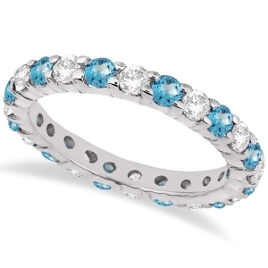 Eternity Diamond and Blue Topaz Ring Band 14k White Gold 2.40ct - All
