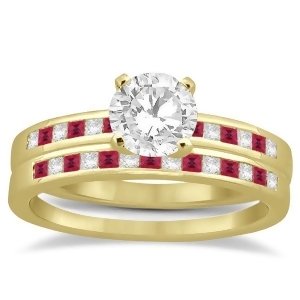 Princess Cut Diamond and Ruby Bridal Ring Set 18k Yellow Gold 0.54ct - All