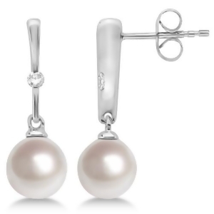 Freshwater Cultured Pearl and Diamond Drop Earrings 14K White Gold 7mm - All