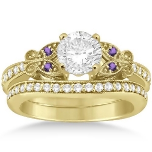 Butterfly Diamond and Amethyst Bridal Set 14k Yellow Gold 0.42ct - All