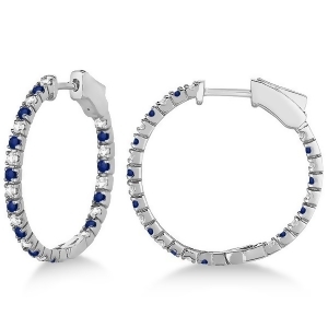 Round Diamond and Blue Sapphire Hoop Earrings 14k White Gold 1.44ct - All