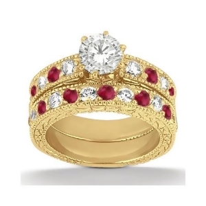 Antique Diamond and Ruby Bridal Set 14k Yellow Gold 1.80ct - All