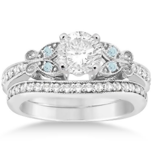 Butterfly Diamond and Aquamarine Bridal Set 14k White Gold 0.42ct - All