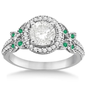 Halo Diamond and Emerald Butterfly Engagement Ring Platinum 0.35ct - All