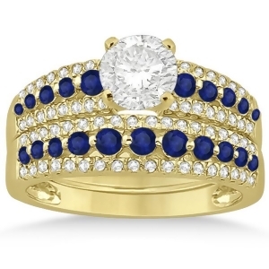 Three-row Blue Sapphire and Diamond Bridal Set 14k Yellow Gold 1.18ct - All