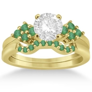 Green Emerald Engagement Ring and Wedding Band 14k Yellow Gold 0.40ct - All