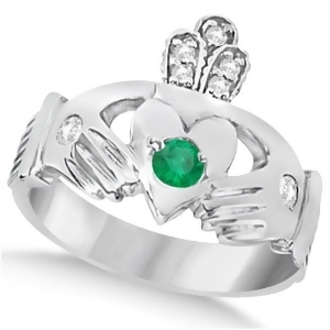 Diamond and Green Emerald Ring Claddagh Irish 14k White Gold 0.35ct - All