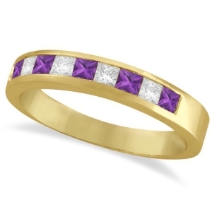Princess Channel-Set Diamond and Amethyst Ring Band 14K Yellow Gold - All