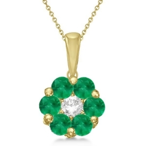 Flower Diamond and Emerald Pendant Necklace 14k Yellow Gold 0.92ct - All