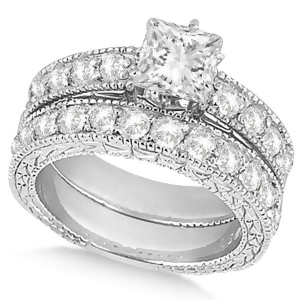 Princess-cut Vintage Style Diamond Bridal Set 14k White Gold 2.66ct - All