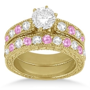 Antique Diamond and Pink Sapphire Bridal Set 18k Yellow Gold 1.80ct - All