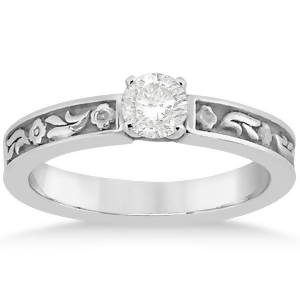 Hand-carved Flower Design Solitaire Engagement Ring in Platinum - All