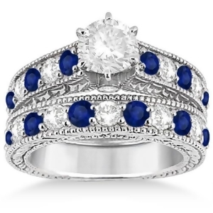 Antique Diamond and Sapphire Bridal Ring Set 14k White Gold 2.87ct - All