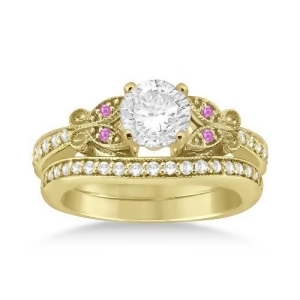 Butterfly Diamond and Pink Sapphire Bridal Set 14k Yellow Gold 0.42ct - All