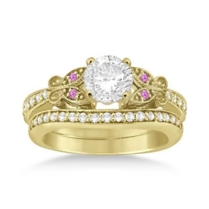 Butterfly Diamond and Pink Sapphire Bridal Set 14k Yellow Gold 0.42ct - All