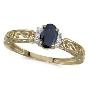 Blue Sapphire and Diamond Filigree Antique Style Ring 14k Yellow Gold - All