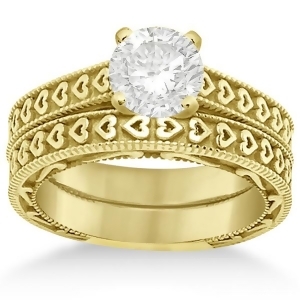 Carved Engagement Ring with Wedding Band Bridal Set in 14K Yellow Gold - All