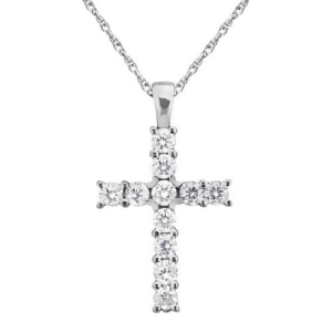 Prong-set Diamond Cross Pendant Necklace 14k White Gold 0.55ct - All