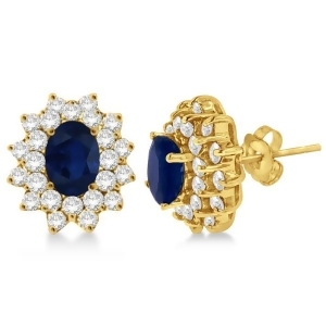 Diamond and Oval Cut Blue Sapphire Earrings 14k Yellow Gold 3.00ctw - All