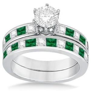 Channel Emerald and Diamond Bridal Set 14k White Gold 1.10ct - All