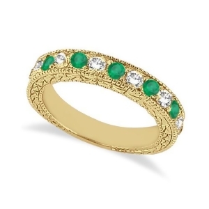 Antique Diamond and Emerald Wedding Ring 14kt Yellow Gold 1.03ct - All