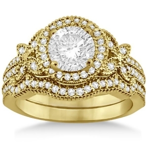 Butterfly Diamond Engagement Ring and Wedding Band 18k Yellow Gold 0.58ct - All