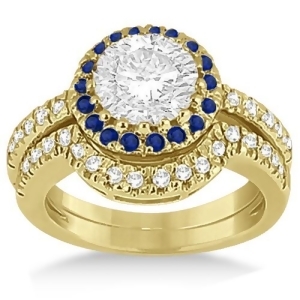 Halo Blue Sapphire and Diamond Bridal Set 14k Yellow Gold 0.65ct - All