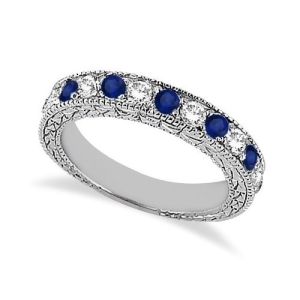 Antique Diamond and Blue Sapphire Wedding Ring 14kt White Gold 1.05ct - All