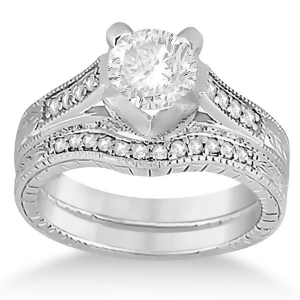 Antique Style Engagement Ring and Matching Wedding Band in 14k White Gold - All