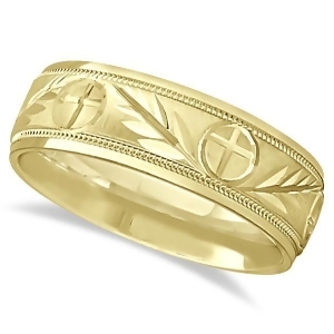 Men's Christian Leaf and Cross Wedding Band 18k Yellow Gold 7mm - All