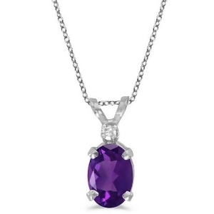 Oval Amethyst and Diamond Solitaire Pendant 14K White Gold 0.82ct - All