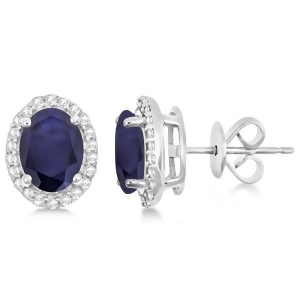 Oval Blue Sapphire and Diamond Halo Stud Earrings Sterling Silver 3.22ct - All