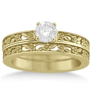 Flower Carved Solitaire Engagement Ring and Wedding Band 14k Yellow Gold - All