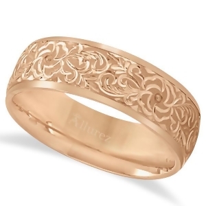 Hand-engraved Flower Wedding Ring Wide Band 14k Rose Gold 7mm - All