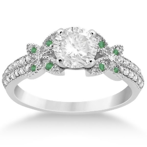 Diamond and Green Emerald Butterfly Engagement Ring 14K White Gold - All