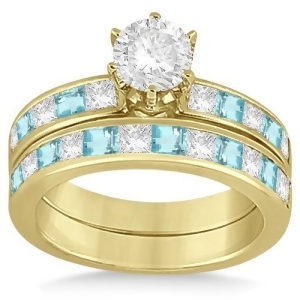 Channel Aquamarine and Diamond Bridal Set 14k Yellow Gold 1.30ct - All