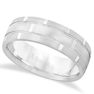 Contemporary Carved Mens Unique Wedding Ring 18k White Gold 6mm - All