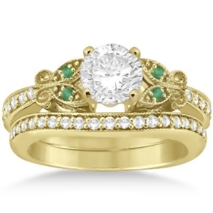 Butterfly Diamond and Emerald Bridal Set 14k Yellow Gold 0.42ct - All
