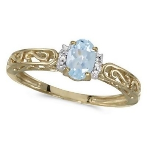 Oval Aquamarine and Diamond Filigree Antique Style Ring 14k Yellow Gold - All