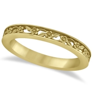Flower Carved Wedding Ring Filigree Stackable Band 18k Yellow Gold - All