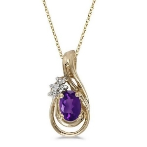 Oval Amethyst and Diamond Teardrop Pendant Necklace 14k Yellow Gold - All