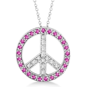 Diamond and Pink Sapphire Peace Pendant Necklace 14k White Gold 0.92ct - All