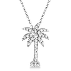 Palm Tree Shaped Diamond Pendant Necklace 14k White Gold 1/4ct - All