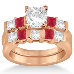 5 Stone Princess Diamond and Ruby Bridal Ring Set 14K Rose Gold 1.02ct - All